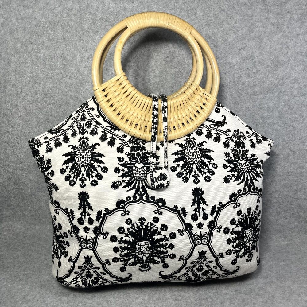 Canvas Damask Tote Rattan Handles Black White Boho Bamboo Relativity Purse Beach